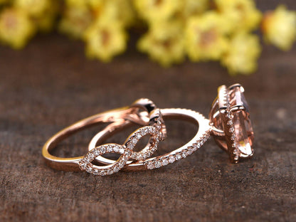 Princess Cut Morganite Engagement Ring Set, Diamond Infinity Band, 14K Rose Gold