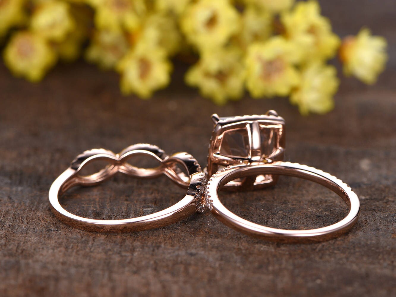 Princess Cut Morganite Engagement Ring Set, Diamond Infinity Band, 14K Rose Gold