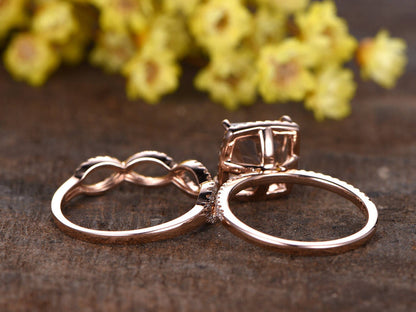 Princess Cut Morganite Engagement Ring Set, Diamond Infinity Band, 14K Rose Gold