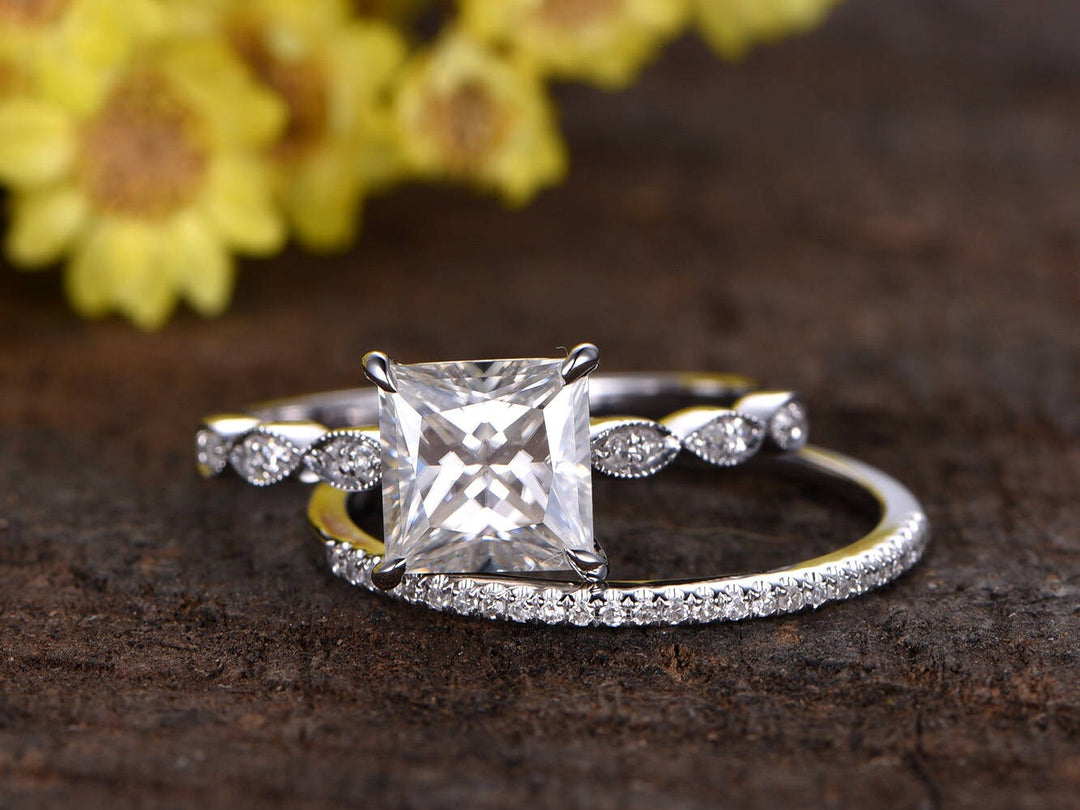Princess Cut Moissanite Engagement Ring Set, Diamond Marquise Band, 14k White Gold