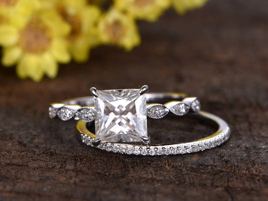 Princess Cut Moissanite Engagement Ring Set, Diamond Marquise Band, 14k White Gold