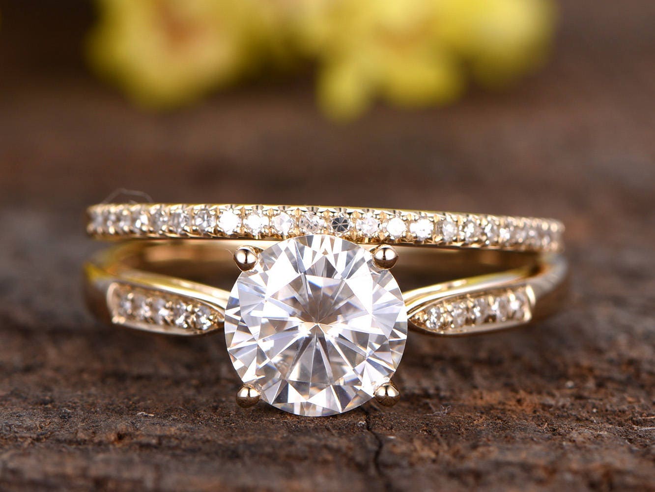 Vintage 1ctw Lab Grown Diamond Engagement Ring Set: 14k Gold Bridal Rings