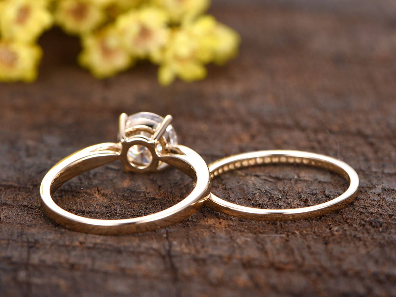 Vintage 1ctw Lab Grown Diamond Engagement Ring Set: 14k Gold Bridal Rings