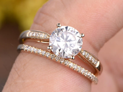 Vintage 1ctw Lab Grown Diamond Engagement Ring Set: 14k Gold Bridal Rings