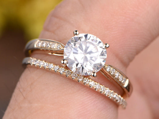 Vintage 1ctw Lab Grown Diamond Engagement Ring Set: 14k Gold Bridal Rings
