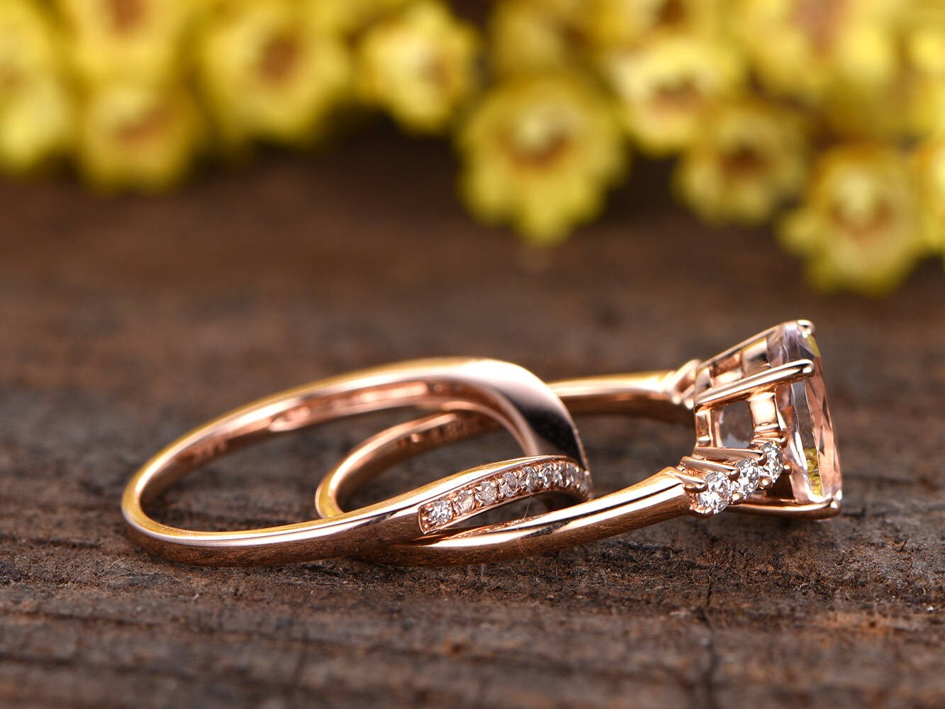 Oval Morganite Engagement Ring Set: 14K Rose Gold, Diamond Wedding Band