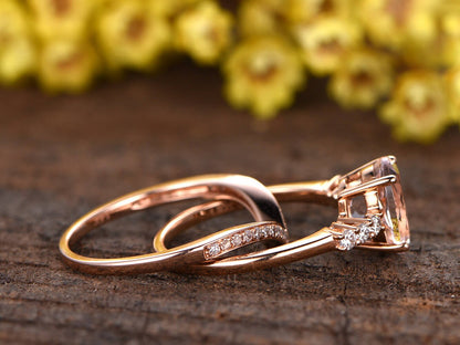 Oval Morganite Engagement Ring Set: 14K Rose Gold, Diamond Wedding Band