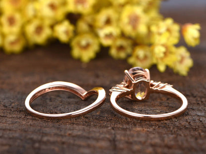Oval Morganite Engagement Ring Set: 14K Rose Gold, Diamond Wedding Band