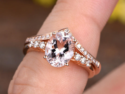 Oval Morganite Engagement Ring Set: 14K Rose Gold, Diamond Wedding Band