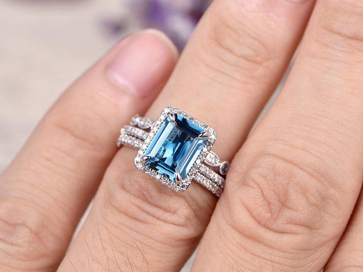 Emerald cut London Blue Topaz Engagement Ring Solid 14k White gold Halo diamond topaz bridal set art deco bridal wedding ring set for women - PENFINE