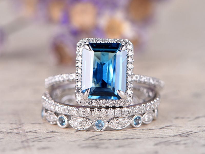 Emerald cut London Blue Topaz Engagement Ring Solid 14k White gold Halo diamond topaz bridal set art deco bridal wedding ring set for women - PENFINE