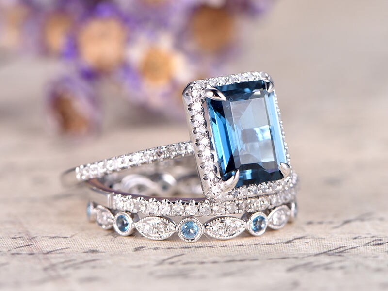 Emerald cut London Blue Topaz Engagement Ring Solid 14k White gold Halo diamond topaz bridal set art deco bridal wedding ring set for women - PENFINE