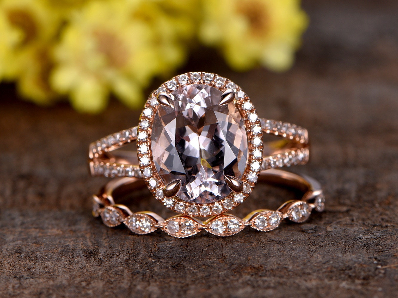 Split Shank Oval Morganite Engagement Ring Set, Marquise Diamond Band, 14k Rose Gold
