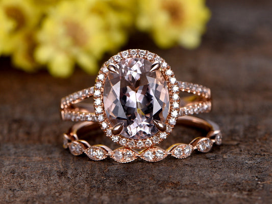 Split Shank Oval Morganite Engagement Ring Set, Marquise Diamond Band, 14k Rose Gold