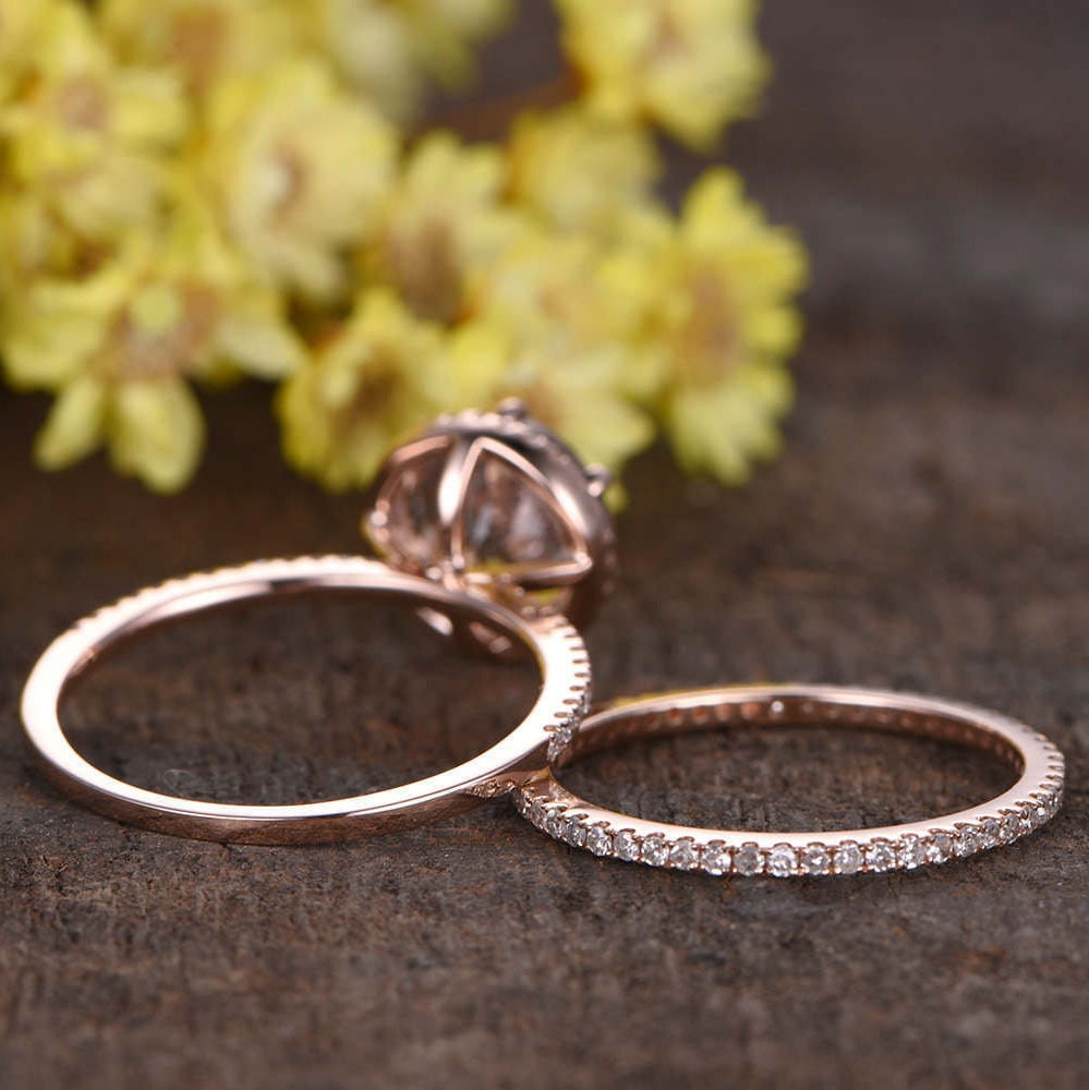 Morganite Engagement Ring Set, Diamond Rose Gold Wedding Band, Handmade