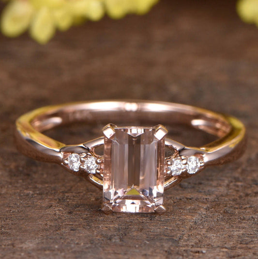 Emerald Cut Morganite Engagement Ring, 14K Rose Gold Diamond Accent