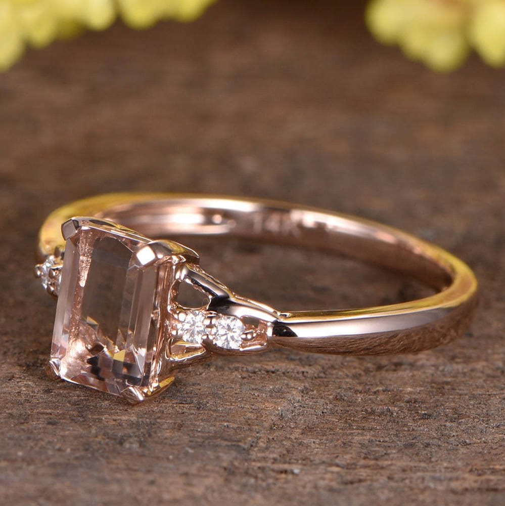 Emerald Cut Morganite Engagement Ring, 14K Rose Gold Diamond Accent