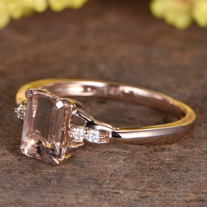 Emerald Cut Morganite Engagement Ring, 14K Rose Gold Diamond Accent