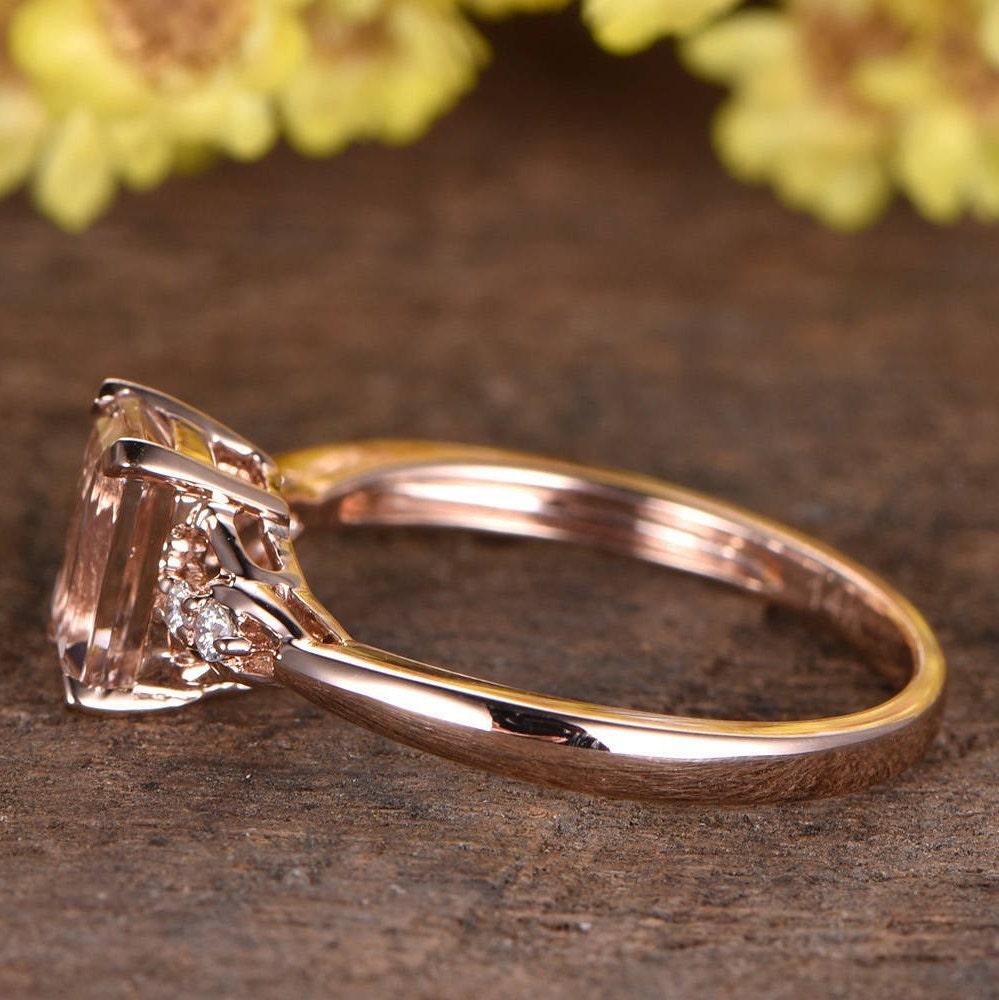 Emerald Cut Morganite Engagement Ring, 14K Rose Gold Diamond Accent