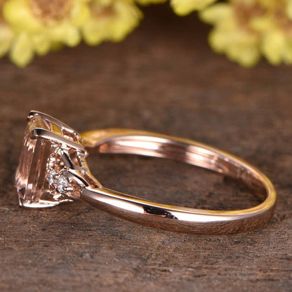 Emerald Cut Morganite Engagement Ring, 14K Rose Gold Diamond Accent