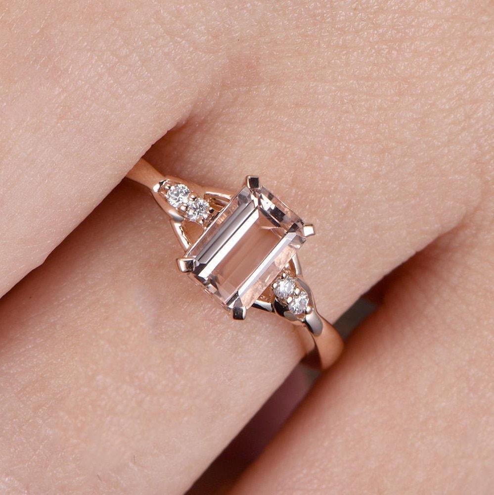 Emerald Cut Morganite Engagement Ring, 14K Rose Gold Diamond Accent