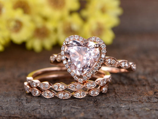 Heart Morganite Engagement Ring Set, Marquise Diamond Band, Rose Gold