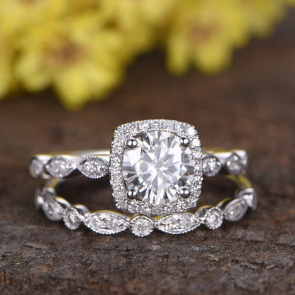 Handmade 14K White Gold Lab Grown Diamond Halo Bridal Ring Set Are Deco Milgrain Diamond Engagement Ring