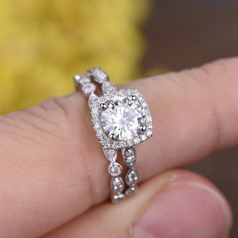 Handmade 14K White Gold Lab Grown Diamond Halo Bridal Ring Set Are Deco Milgrain Diamond Engagement Ring