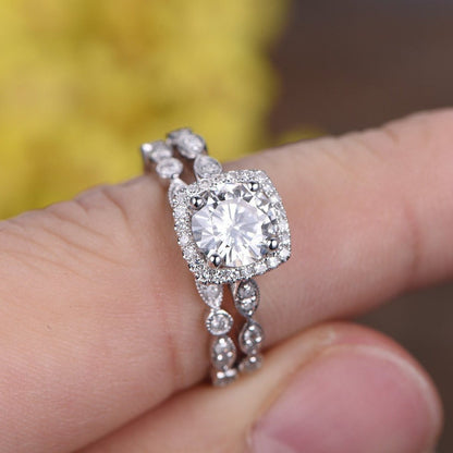 Handmade 14K White Gold Lab Grown Diamond Halo Bridal Ring Set Are Deco Milgrain Diamond Engagement Ring