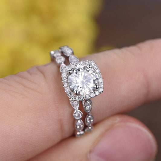 Handmade 14K White Gold Lab Grown Diamond Halo Bridal Ring Set Are Deco Milgrain Diamond Engagement Ring