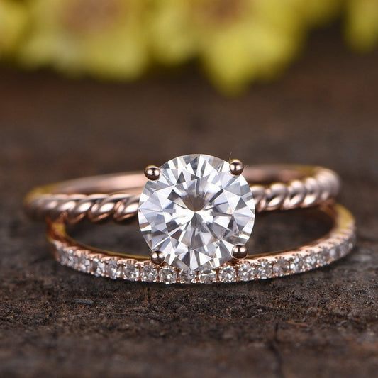 1.3CT Lab Grown Diamond Engagement Ring Set: 14k Rose Gold Twist Band