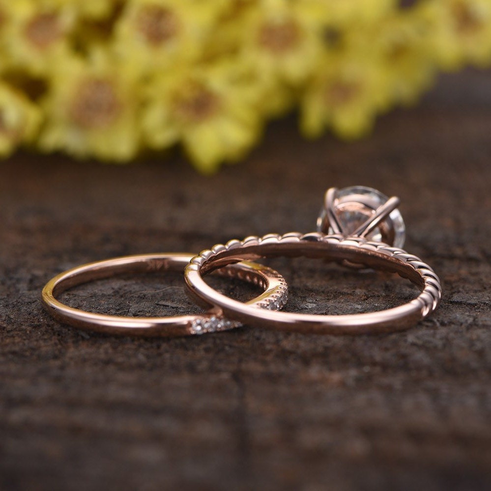 1.3CT Lab Grown Diamond Engagement Ring Set: 14k Rose Gold Twist Band