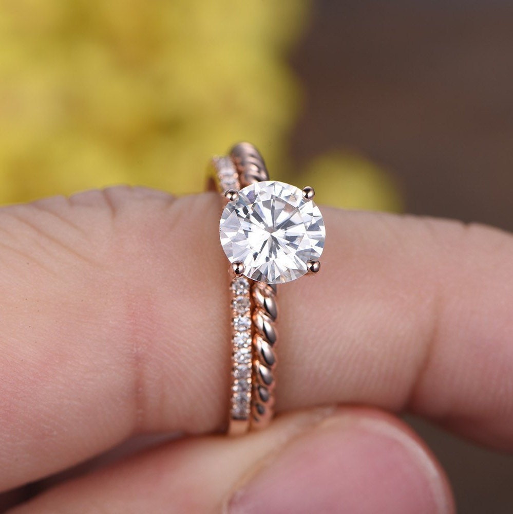 1.3CT Lab Grown Diamond Engagement Ring Set: 14k Rose Gold Twist Band