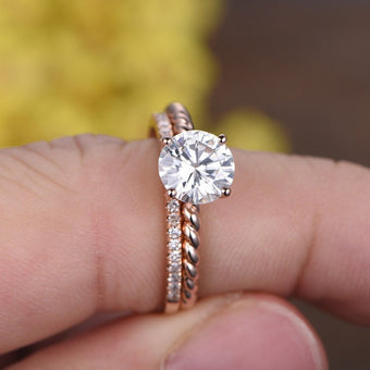 1.3CT Lab Grown Diamond Engagement Ring Set: 14k Rose Gold Twist Band