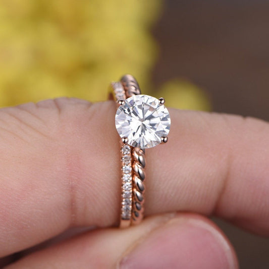 1.3CT Lab Grown Diamond Engagement Ring Set: 14k Rose Gold Twist Band