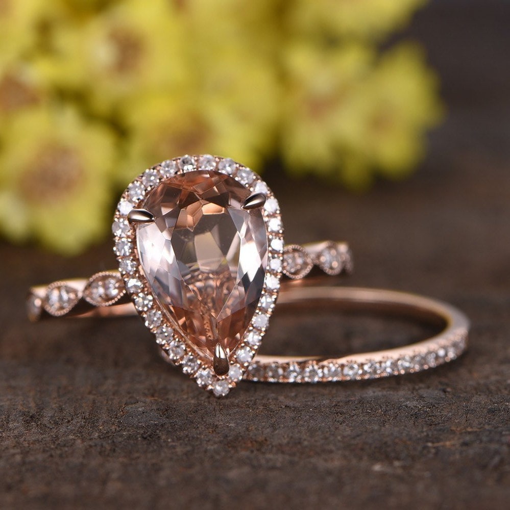 Morganite Pear Cut Engagement Ring Set, Rose Gold Diamond Band