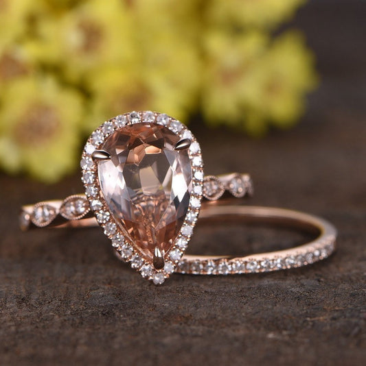 Morganite Pear Cut Engagement Ring Set, Rose Gold Diamond Band