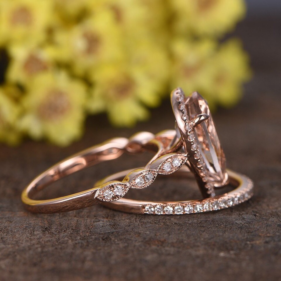 Morganite Pear Cut Engagement Ring Set, Rose Gold Diamond Band