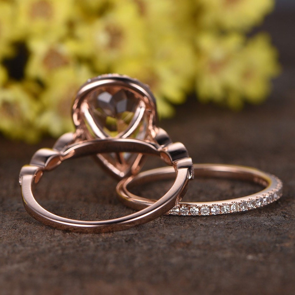 Morganite Pear Cut Engagement Ring Set, Rose Gold Diamond Band