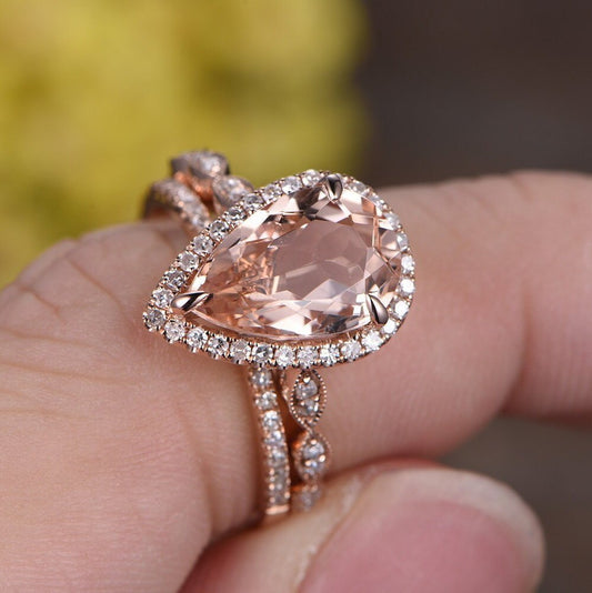 Morganite Pear Cut Engagement Ring Set, Rose Gold Diamond Band