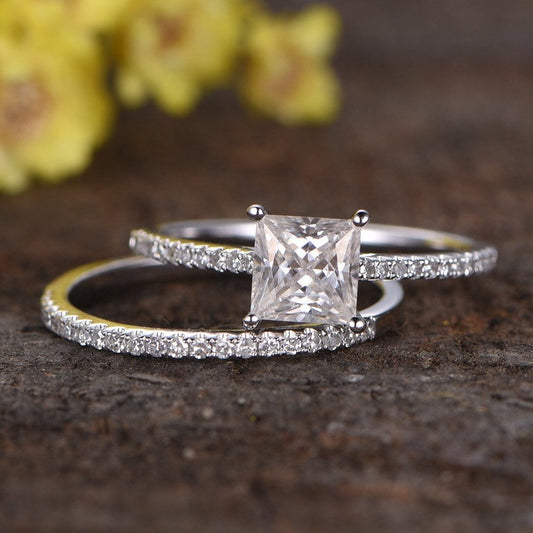 1ct Princess Cut CVD Grown Diamond Engagement Ring Set - 14K White Gold Wedding Band