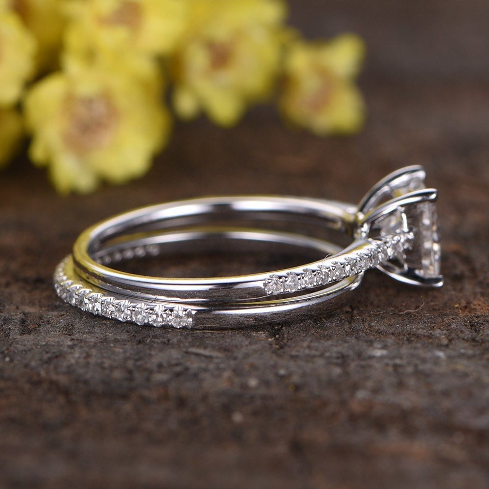 1ct Princess Cut CVD Grown Diamond Engagement Ring Set - 14K White Gold Wedding Band