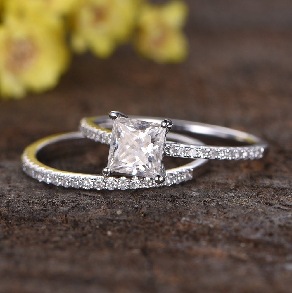 1ct Princess Cut CVD Grown Diamond Engagement Ring Set - 14K White Gold Wedding Band