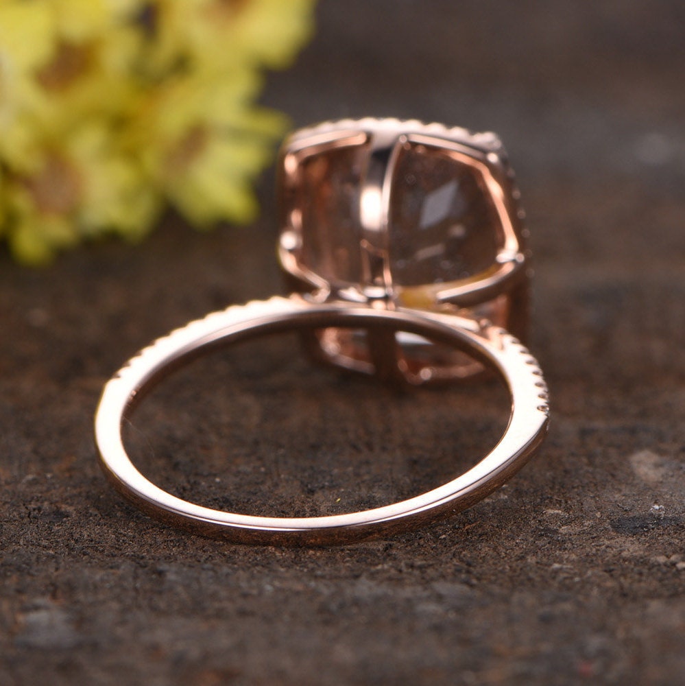 Cushion Cut Morganite Engagement Ring, Diamond Halo, White Gold Band