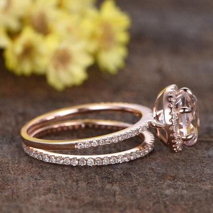 Morganite Engagement Ring Set, Diamond Rose Gold Wedding Band, Handmade