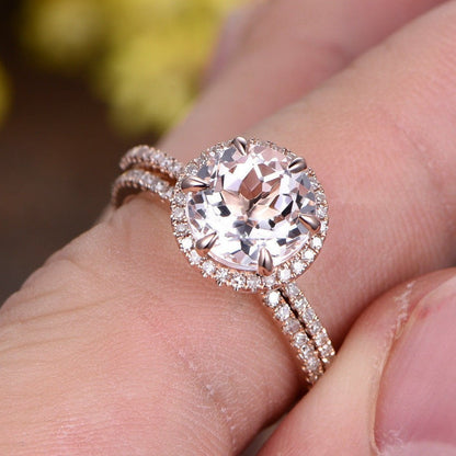 Morganite Engagement Ring Set, Diamond Rose Gold Wedding Band, Handmade