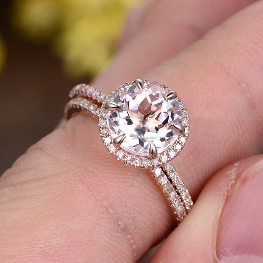 Morganite Engagement Ring Set, Diamond Rose Gold Wedding Band, Handmade