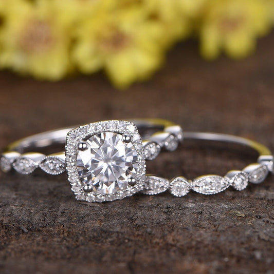 Handmade 14K White Gold Lab Grown Diamond Halo Bridal Ring Set Are Deco Milgrain Diamond Engagement Ring