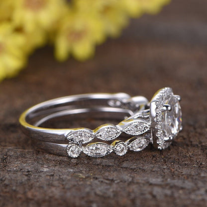 Handmade 14K White Gold Lab Grown Diamond Halo Bridal Ring Set Are Deco Milgrain Diamond Engagement Ring