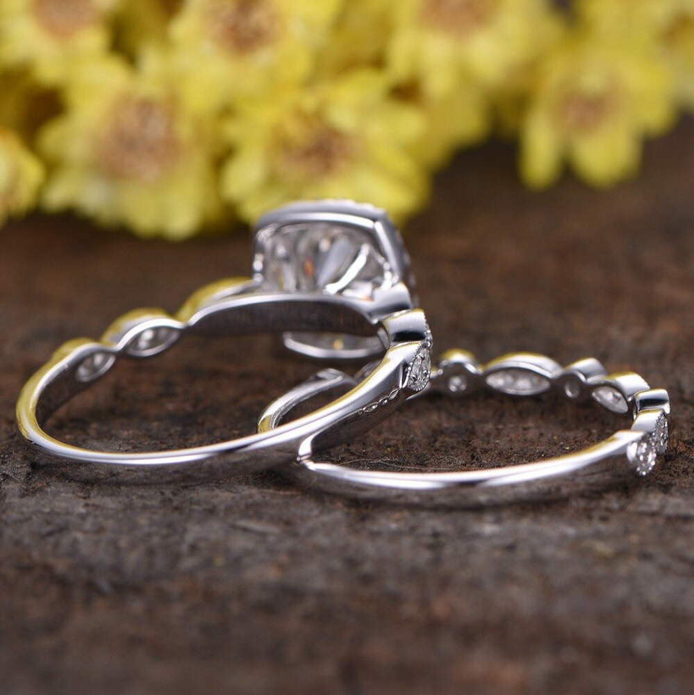 Handmade 14K White Gold Lab Grown Diamond Halo Bridal Ring Set Are Deco Milgrain Diamond Engagement Ring